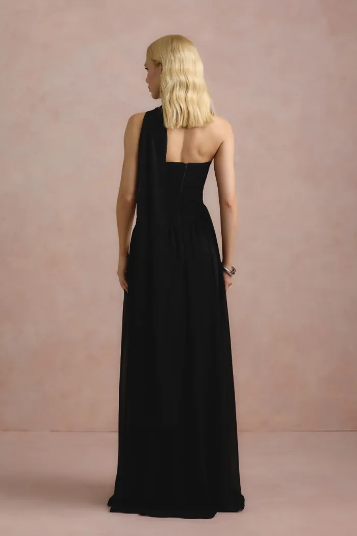VESTIDO DE FESTA CECÍLIA CHIFFON CAPA OMBRO - PRETO