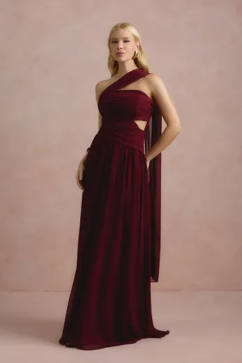 VESTIDO DE FESTA CECÍLIA CHIFFON CAPA OMBRO - VINHO