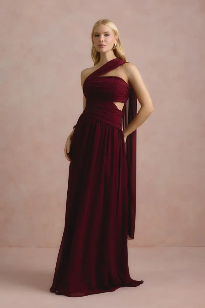 VESTIDO DE FESTA CECÍLIA CHIFFON CAPA OMBRO - VINHO