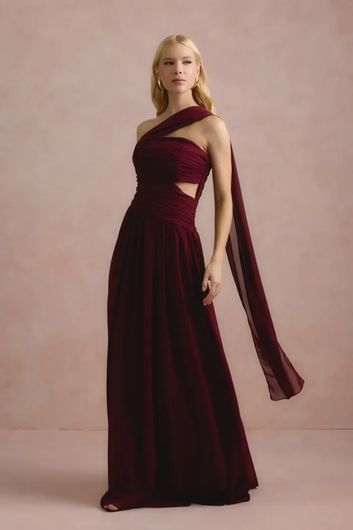 VESTIDO DE FESTA CECÍLIA CHIFFON CAPA OMBRO - VINHO