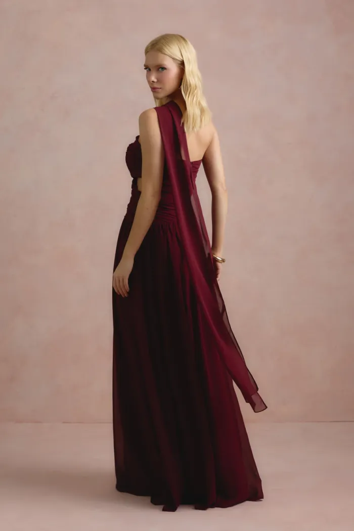 VESTIDO DE FESTA CECÍLIA CHIFFON CAPA OMBRO - VINHO