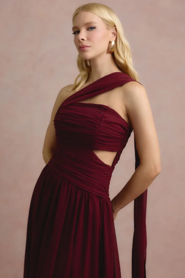 VESTIDO DE FESTA CECÍLIA CHIFFON CAPA OMBRO - VINHO