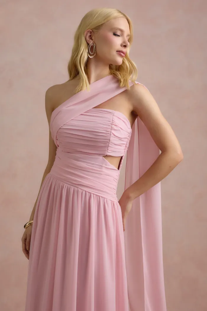 VESTIDO DE FESTA CECÍLIA CHIFFON CAPA OMBRO - ROSA BEBÊ