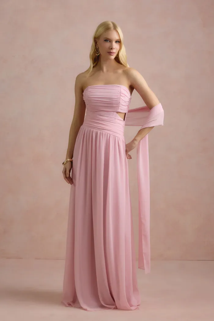 VESTIDO DE FESTA CECÍLIA CHIFFON CAPA OMBRO - ROSA BEBÊ