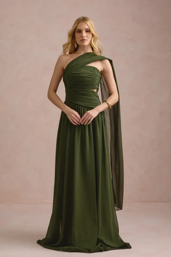 VESTIDO DE FESTA CECÍLIA CHIFFON CAPA OMBRO - VERDE OLIVA