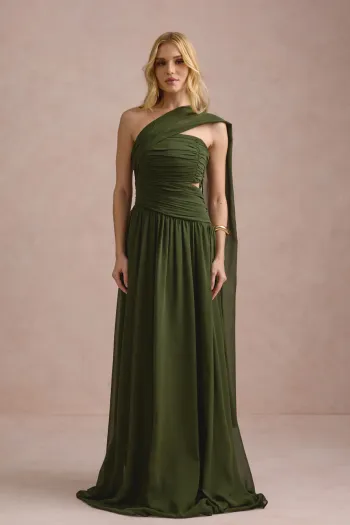 VESTIDO DE FESTA CECÍLIA CHIFFON CAPA OMBRO - VERDE OLIVA