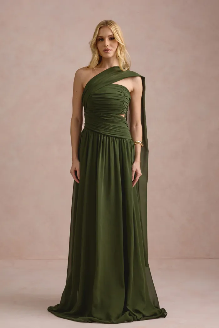 VESTIDO DE FESTA CECÍLIA CHIFFON CAPA OMBRO - VERDE OLIVA