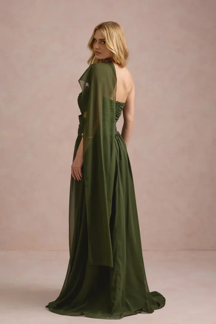 VESTIDO DE FESTA CECÍLIA CHIFFON CAPA OMBRO - VERDE OLIVA