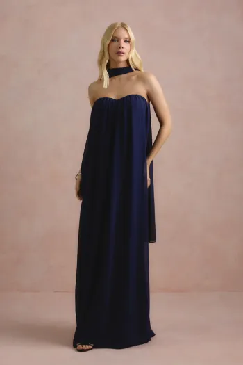 VESTIDO LONGO FIORELLA FAIXA CHOKER - AZUL MARINHO