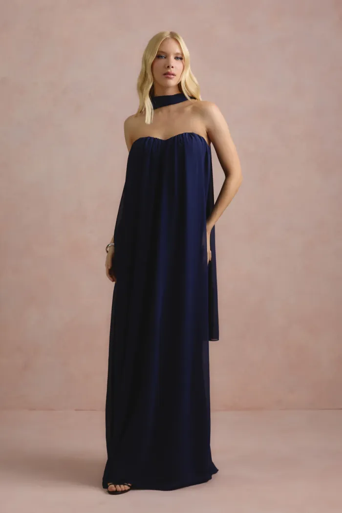 VESTIDO LONGO FIORELLA FAIXA CHOKER - AZUL MARINHO