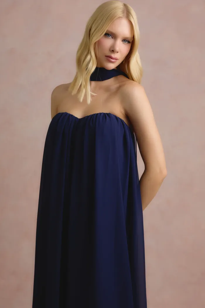 VESTIDO LONGO FIORELLA FAIXA CHOKER - AZUL MARINHO