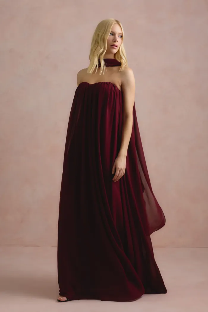 VESTIDO LONGO FIORELLA FAIXA CHOKER - VINHO