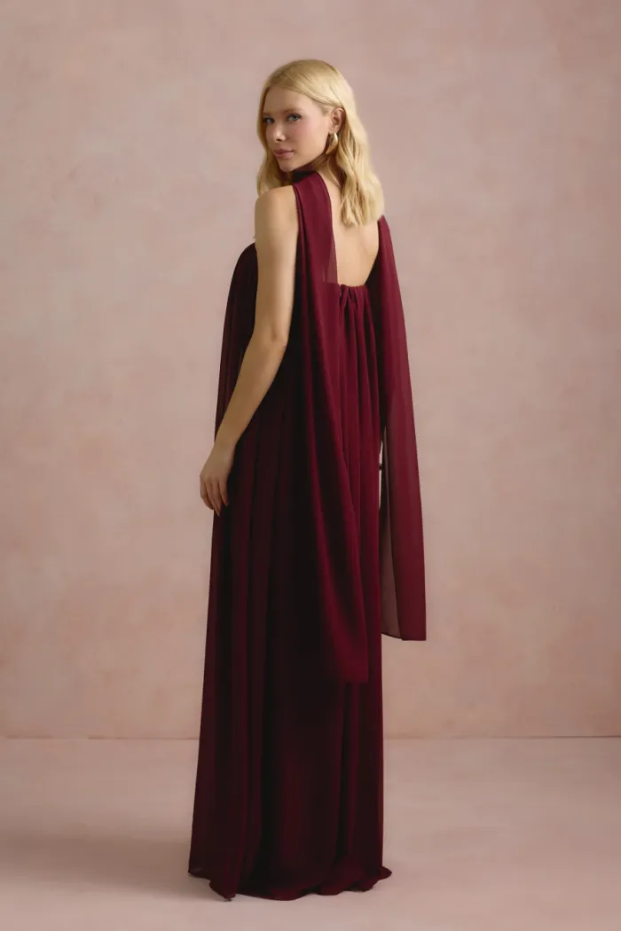VESTIDO LONGO FIORELLA FAIXA CHOKER - VINHO