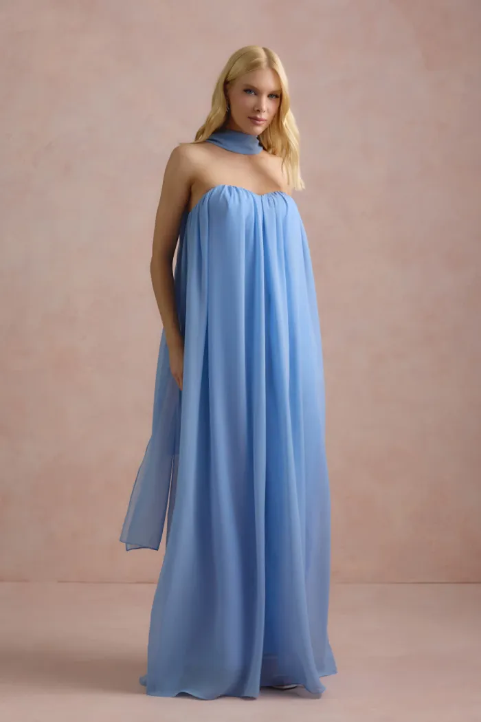 VESTIDO LONGO FIORELLA FAIXA CHOKER - AZUL SERENITY