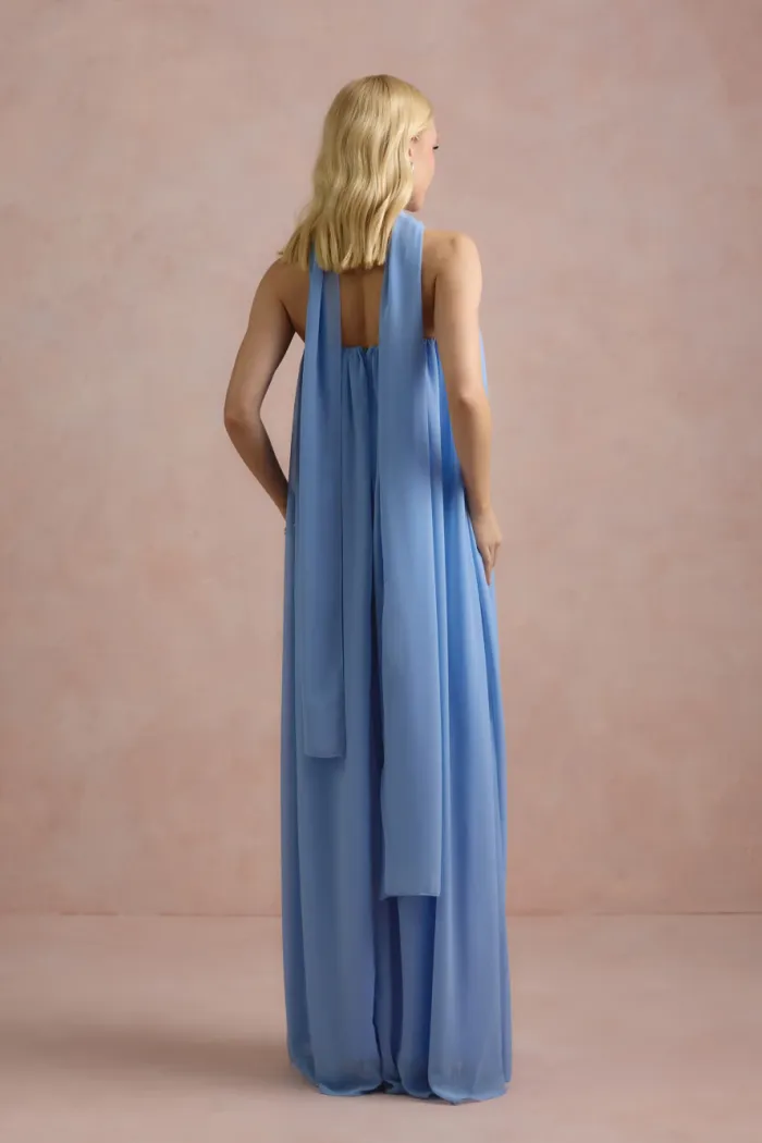 VESTIDO LONGO FIORELLA FAIXA CHOKER - AZUL SERENITY
