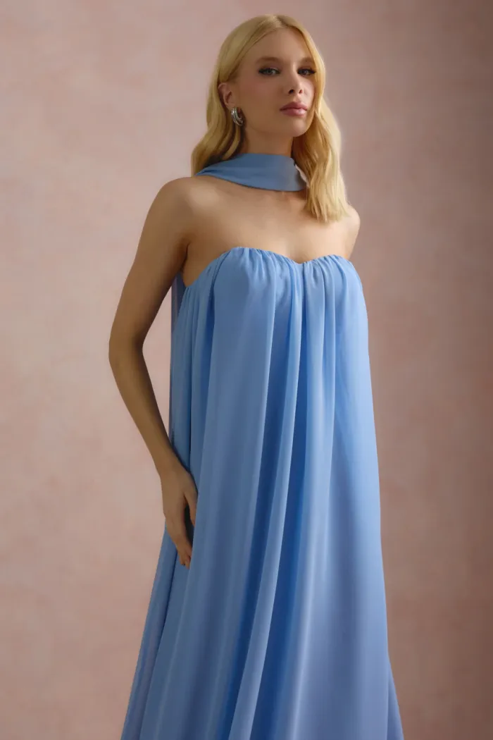 VESTIDO LONGO FIORELLA FAIXA CHOKER - AZUL SERENITY