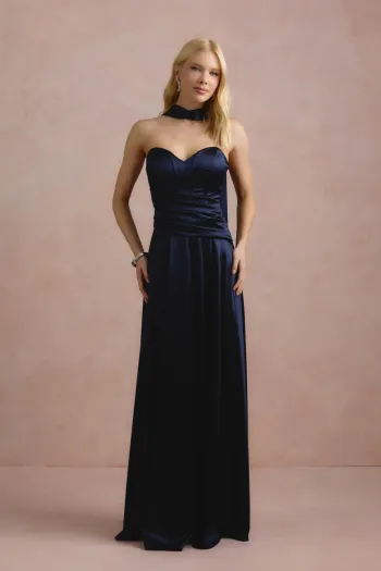 VESTIDO DE FESTA GIOVANA CREPE ACETINADO FAIXA CHOKER - AZUL MARINHO