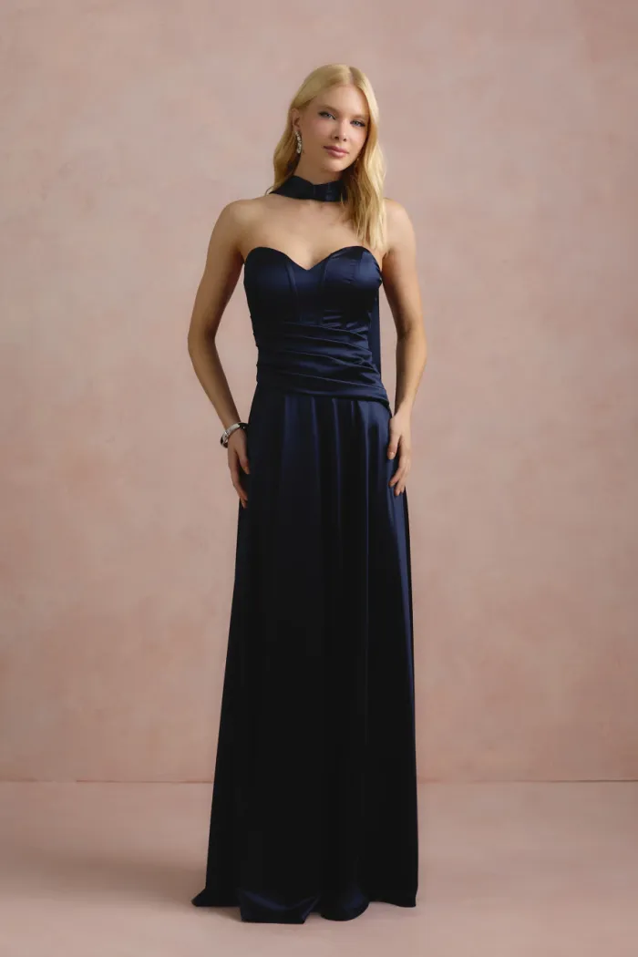 VESTIDO DE FESTA GIOVANA CREPE ACETINADO FAIXA CHOKER - AZUL MARINHO