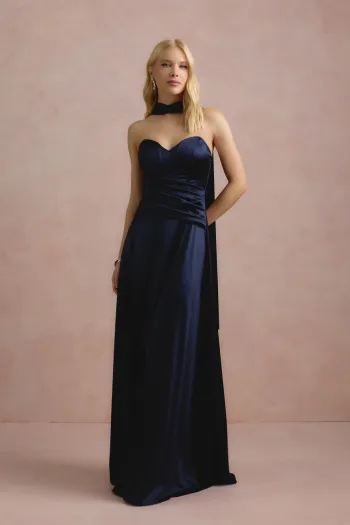 VESTIDO DE FESTA GIOVANA CREPE ACETINADO FAIXA CHOKER - AZUL MARINHO