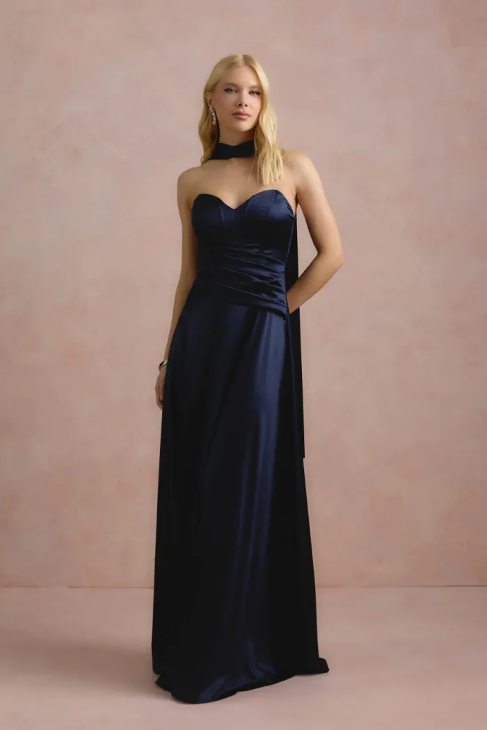 VESTIDO DE FESTA GIOVANA CREPE ACETINADO FAIXA CHOKER - AZUL MARINHO
