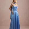 VESTIDO DE FESTA GIOVANA CREPE ACETINADO FAIXA CHOKER - AZUL SERENITY