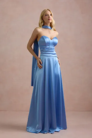 VESTIDO DE FESTA GIOVANA CREPE ACETINADO FAIXA CHOKER - AZUL SERENITY