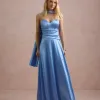VESTIDO DE FESTA GIOVANA CREPE ACETINADO FAIXA CHOKER - AZUL SERENITY