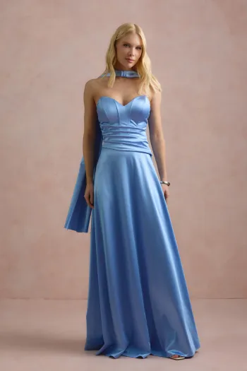 VESTIDO DE FESTA GIOVANA CREPE ACETINADO FAIXA CHOKER - AZUL SERENITY