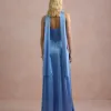 VESTIDO DE FESTA GIOVANA CREPE ACETINADO FAIXA CHOKER - AZUL SERENITY