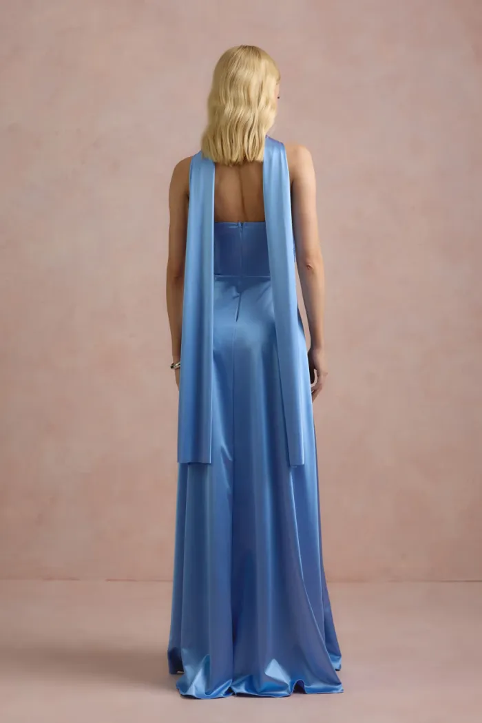 VESTIDO DE FESTA GIOVANA CREPE ACETINADO FAIXA CHOKER - AZUL SERENITY