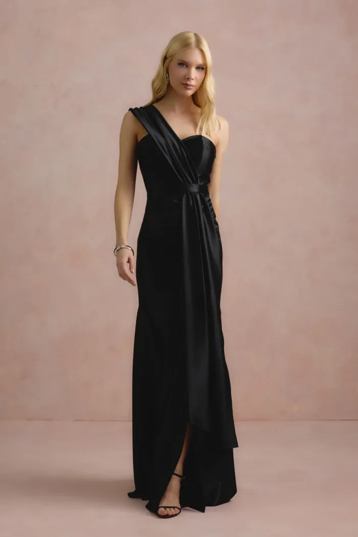 VESTIDO DE FESTA GLAM CREPE ACETINADO - PRETO