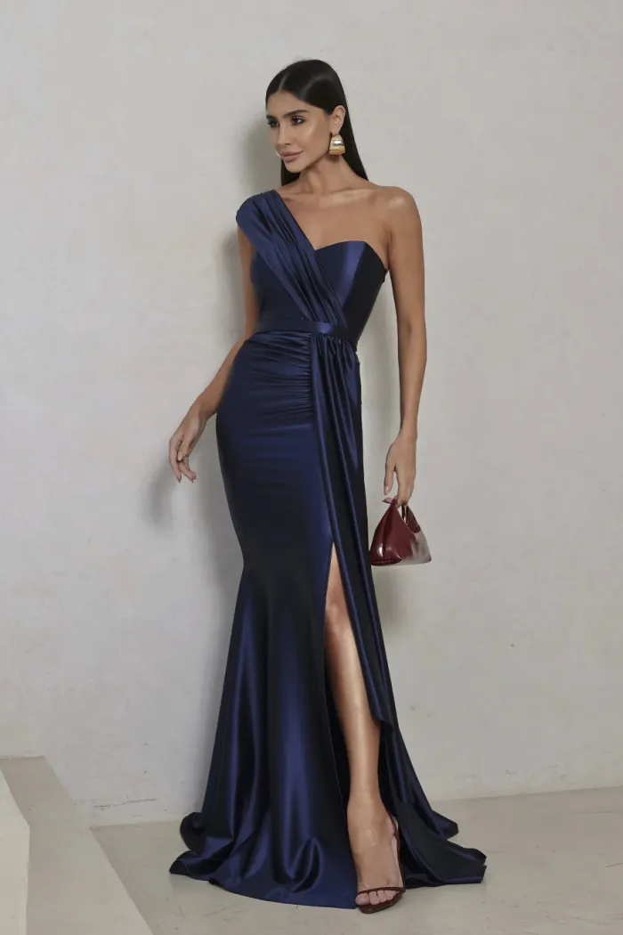 VESTIDO DE FESTA GLAM CREPE ACETINADO - AZUL MARINHO