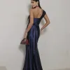 VESTIDO DE FESTA GLAM CREPE ACETINADO - AZUL MARINHO