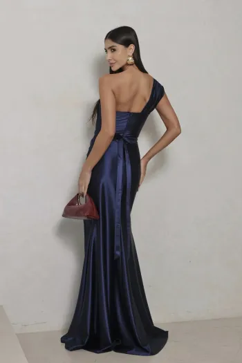 VESTIDO DE FESTA GLAM CREPE ACETINADO - AZUL MARINHO