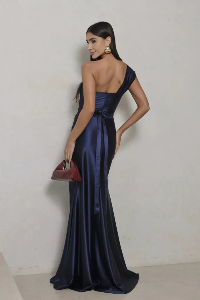 VESTIDO DE FESTA GLAM CREPE ACETINADO - AZUL MARINHO