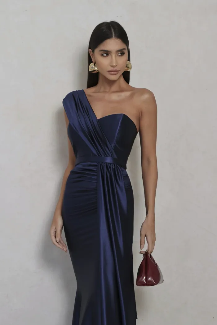 VESTIDO DE FESTA GLAM CREPE ACETINADO - AZUL MARINHO