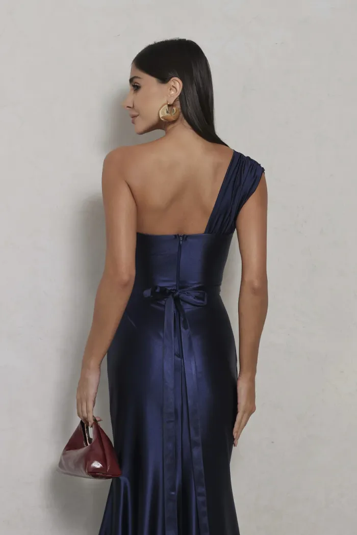 VESTIDO DE FESTA GLAM CREPE ACETINADO - AZUL MARINHO