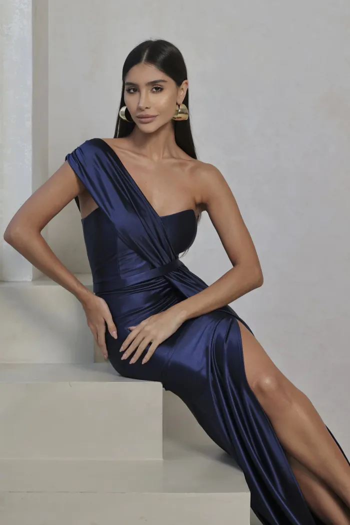 VESTIDO DE FESTA GLAM CREPE ACETINADO - AZUL MARINHO