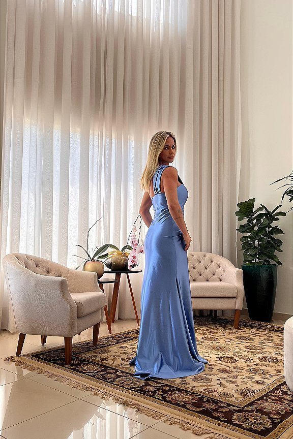 VESTIDO DE FESTA GLAM CREPE ACETINADO - AZUL SERENITY