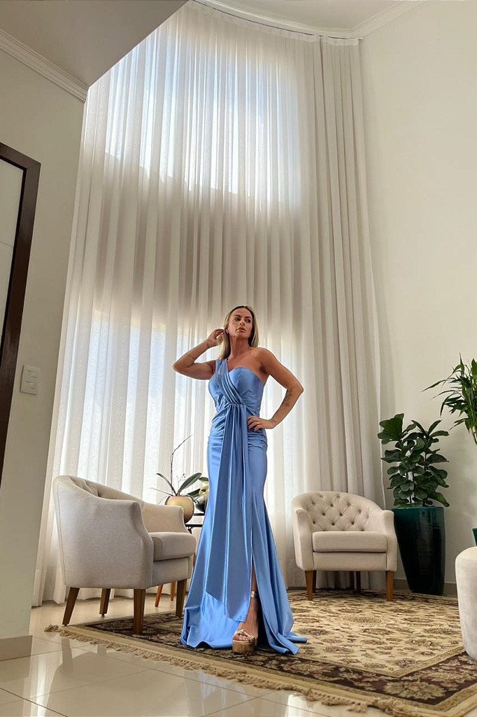 VESTIDO DE FESTA GLAM CREPE ACETINADO - AZUL SERENITY