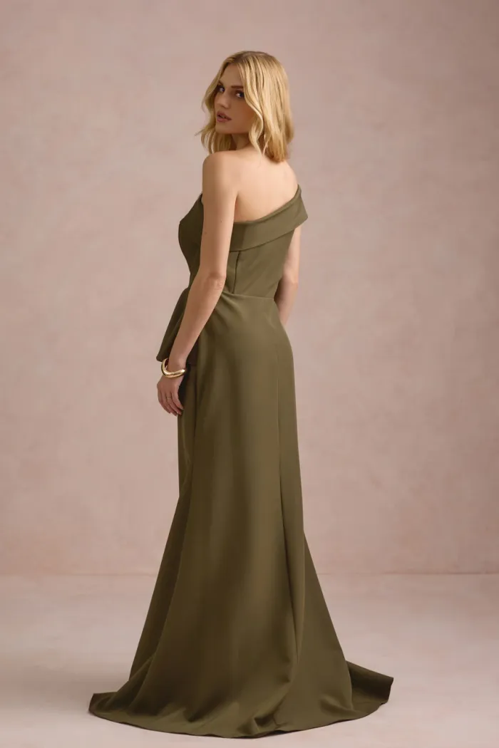 VESTIDO DE FESTA LORENA BABADOS UM OMBRO - VERDE OLIVA