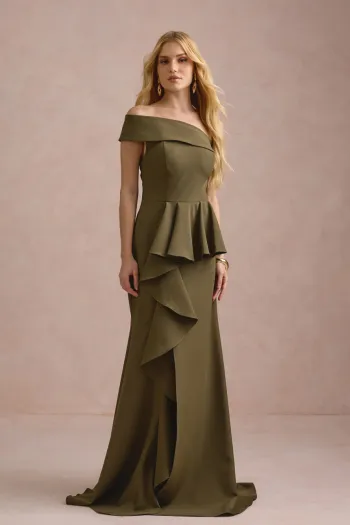 VESTIDO DE FESTA LORENA BABADOS UM OMBRO - VERDE OLIVA