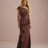 VESTIDO DE FESTA LORENA BABADOS UM OMBRO - MARROM