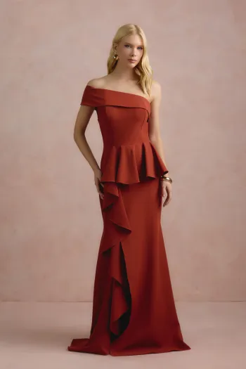 VESTIDO DE FESTA LORENA BABADOS UM OMBRO - TERRACOTA