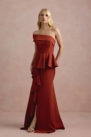 VESTIDO DE FESTA LORENA BABADOS UM OMBRO - TERRACOTA