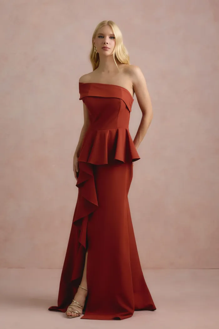 VESTIDO DE FESTA LORENA BABADOS UM OMBRO - TERRACOTA