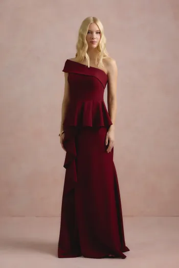VESTIDO DE FESTA LORENA BABADOS UM OMBRO - MARSALA