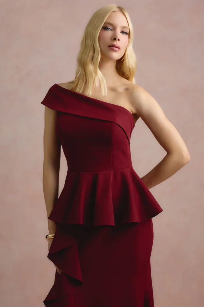 VESTIDO DE FESTA LORENA BABADOS UM OMBRO - MARSALA