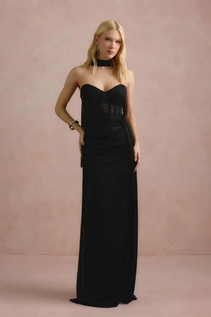 VESTIDO DE FESTA LUNA TULE LUREX CHOKER - PRETO
