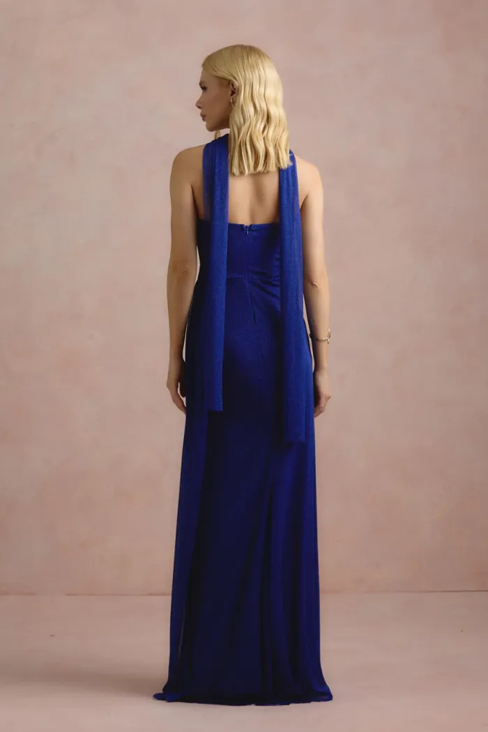 VESTIDO DE FESTA LUNA TULE LUREX CHOKER - AZUL ROYAL